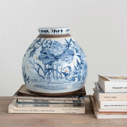 Blue and White Stoneware Ginger Jar